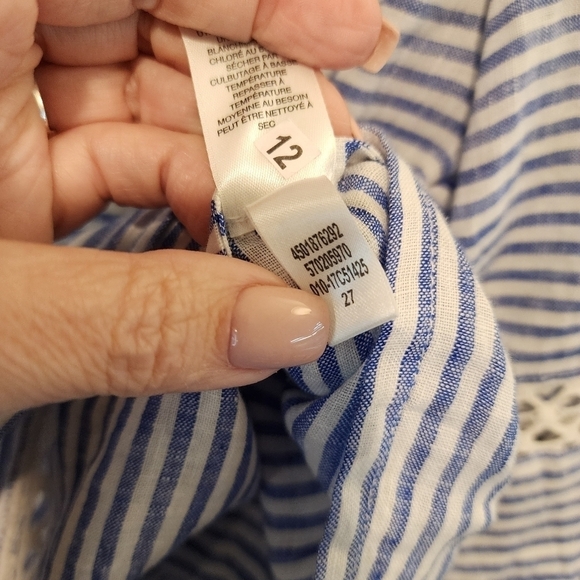 Chico's Blue White Striped Bell Sleeve Linen Blouse Top Crochet Boho Sz 1 Small - Picture 7 of 10